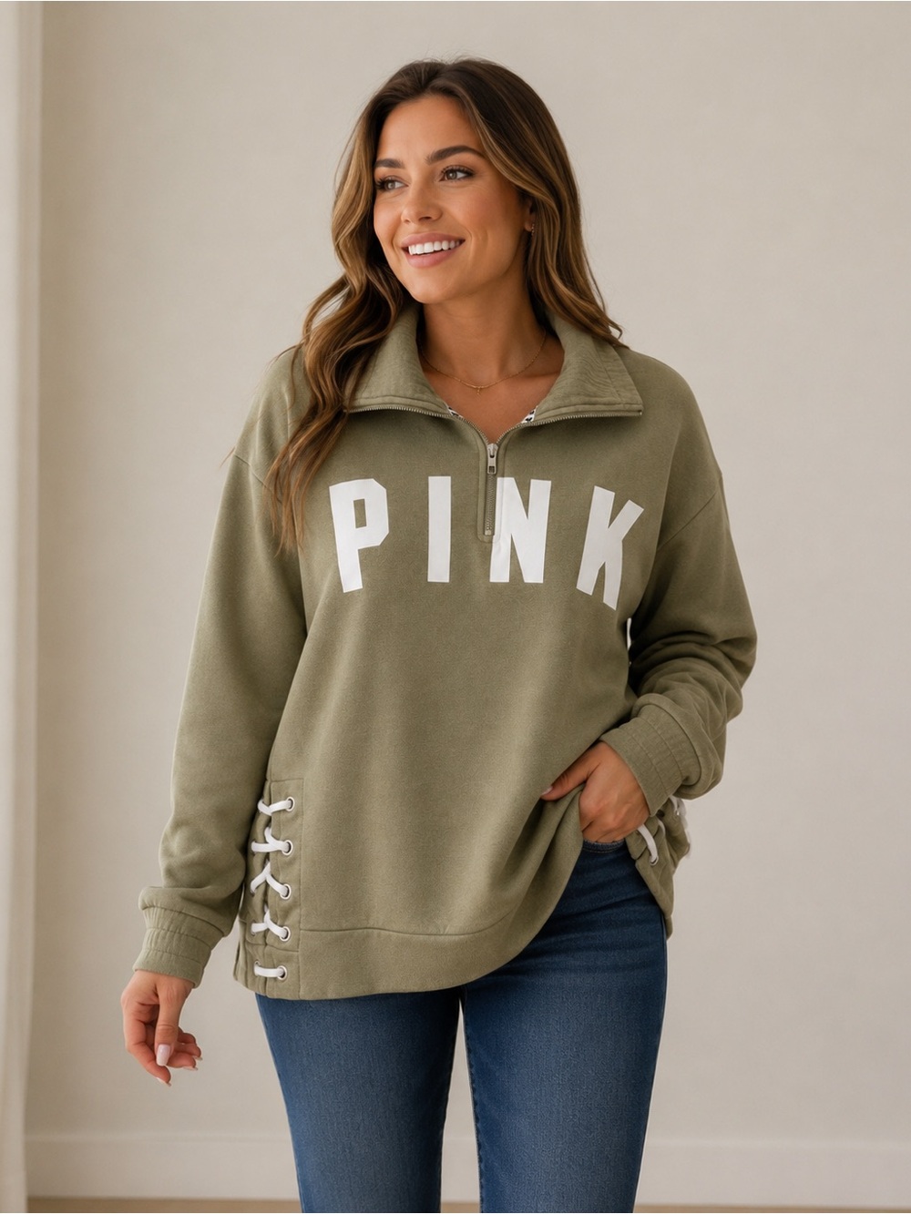 VS PINK Half-Zip Pullover Sweatshirt in Olive